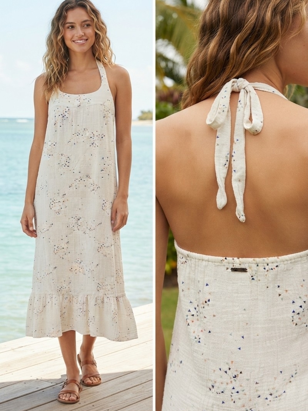 O'Neill Cream Halter Maxi Dress with Confetti Speckle